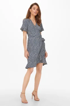 Only Vestido Cruzado Azul Medio Clearance