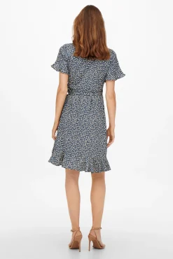Only Vestido Cruzado Azul Medio Clearance