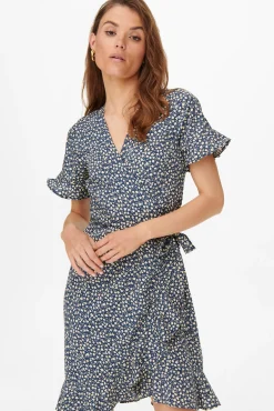 Only Vestido Cruzado Azul Medio Clearance
