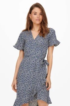 Only Vestido Cruzado Azul Medio Clearance