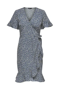 Only Vestido Cruzado Azul Medio Clearance