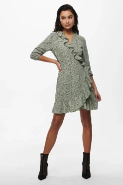 Only Vestido Cruzado Con Volantes Verde Hot