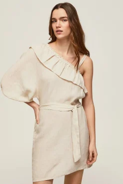 Pepe Jeans Vestido De Lino Asimetrico. Beige Clearance