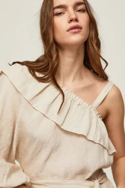 Pepe Jeans Vestido De Lino Asimetrico. Beige Clearance