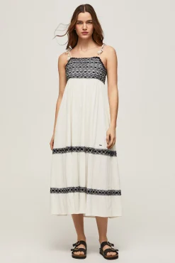 Pepe Jeans Vestido De Tirantes Largo Con Detalles En Negro. Marfil
