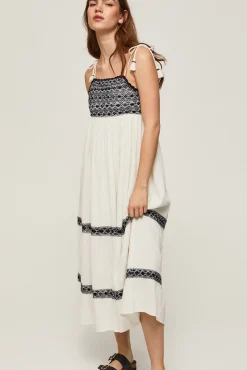 Pepe Jeans Vestido De Tirantes Largo Con Detalles En Negro. Marfil