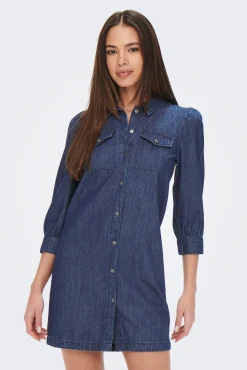 Only Vestido Denim Manga Larga Azul Medio Best