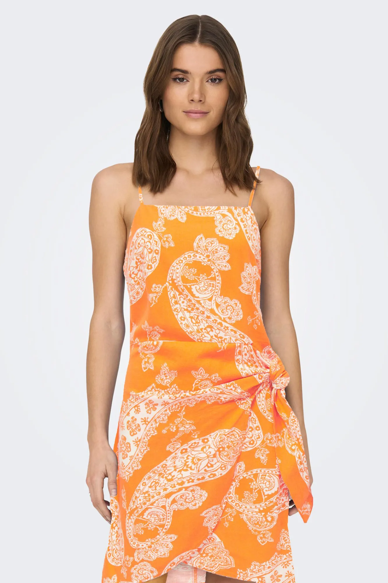 Only Vestido Detalle Lazo Con Lino Naranja New