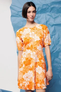 * Vestido Escote Espalda Lino Algodon Naranja Online