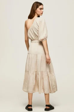 Pepe Jeans Vestido Largo Asimetrico De Lino. Beige Sale