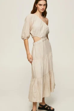 Pepe Jeans Vestido Largo Asimetrico De Lino. Beige Sale
