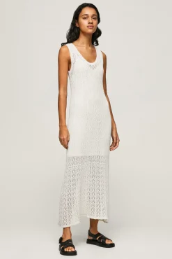 Pepe Jeans Vestido Largo Con Lino Manga Corta Fluido. Blanco Discount