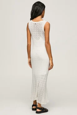 Pepe Jeans Vestido Largo Con Lino Manga Corta Fluido. Blanco Discount