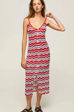 Pepe Jeans Vestido Largo Con Lino Y Tirantes Zig Zag. Rojo Online