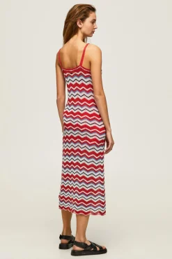 Pepe Jeans Vestido Largo Con Lino Y  Tirantes Zig Zag. Rojo Online