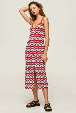 Pepe Jeans Vestido Largo Con Lino Y  Tirantes Zig Zag. Rojo Online