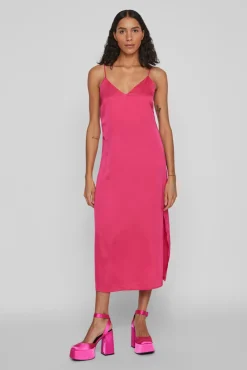 Vila Vestido Largo De Tirantes Satinado Rosa Sale