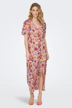 Only Vestido Largo Manga Corta Estampado Rosa Clearance