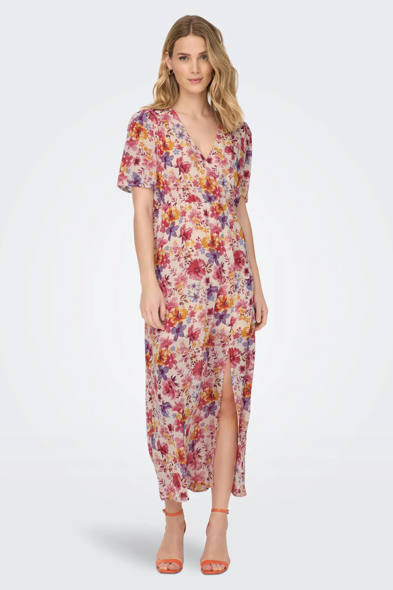 Only Vestido Largo Manga Corta Estampado Rosa Clearance
