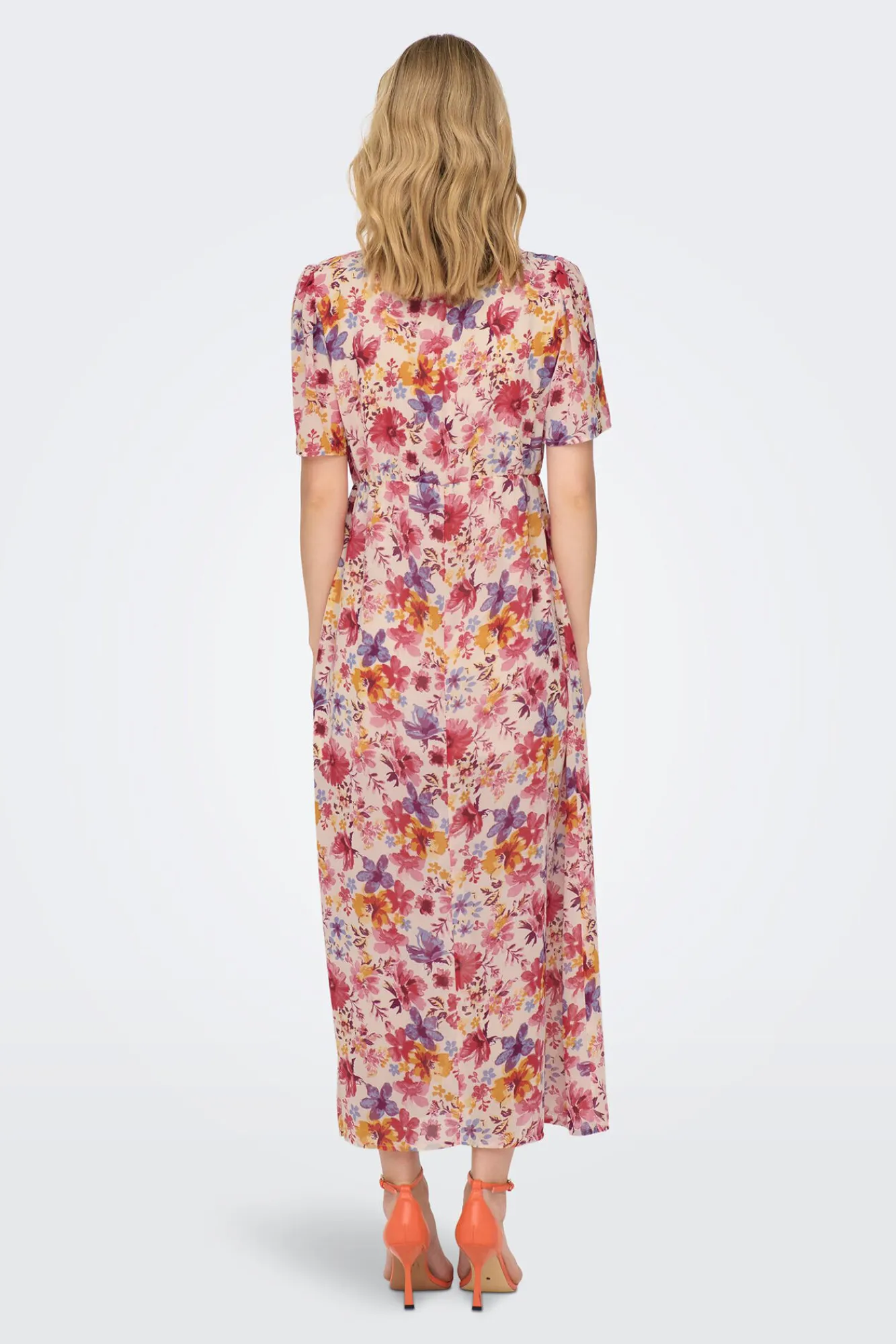 Only Vestido Largo Manga Corta Estampado Rosa Clearance
