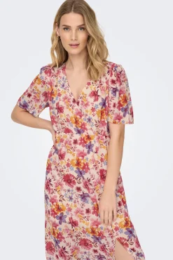 Only Vestido Largo Manga Corta Estampado Rosa Clearance