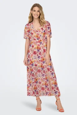 Only Vestido Largo Manga Corta Estampado Rosa Clearance