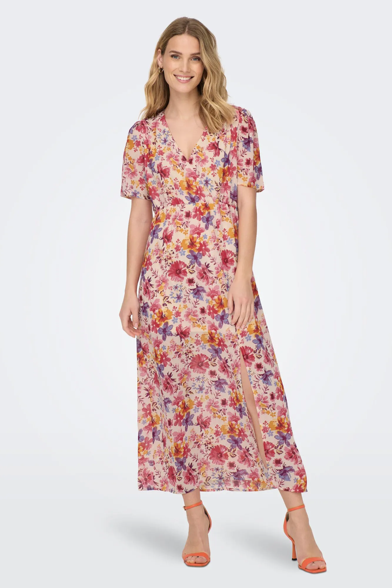 Only Vestido Largo Manga Corta Estampado Rosa Clearance