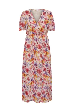 Only Vestido Largo Manga Corta Estampado Rosa Clearance