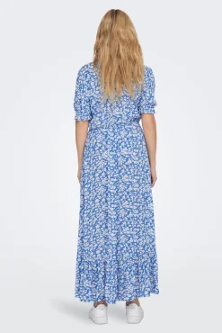 Only Vestido Largo Manga Corta Azul Medio Hot