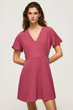 Pepe Jeans Vestido Manga Corta Con Cuello Pico. Vino