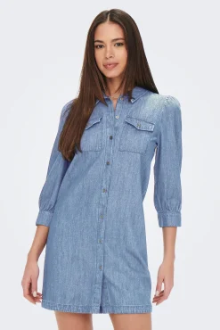 Only Vestido Manga Larga Denim Azul Claro Discount