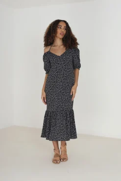 Brave Soul Vestido Mide De Manga Corta Y Estampado De Lunares Negro Sale