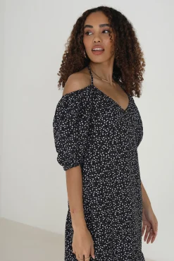 Brave Soul Vestido Mide De Manga Corta Y Estampado De Lunares Negro Sale