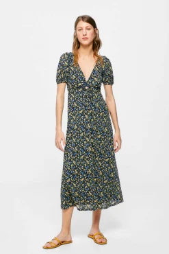 * Vestido Midi Abertura Escote Estampado Azul Sale