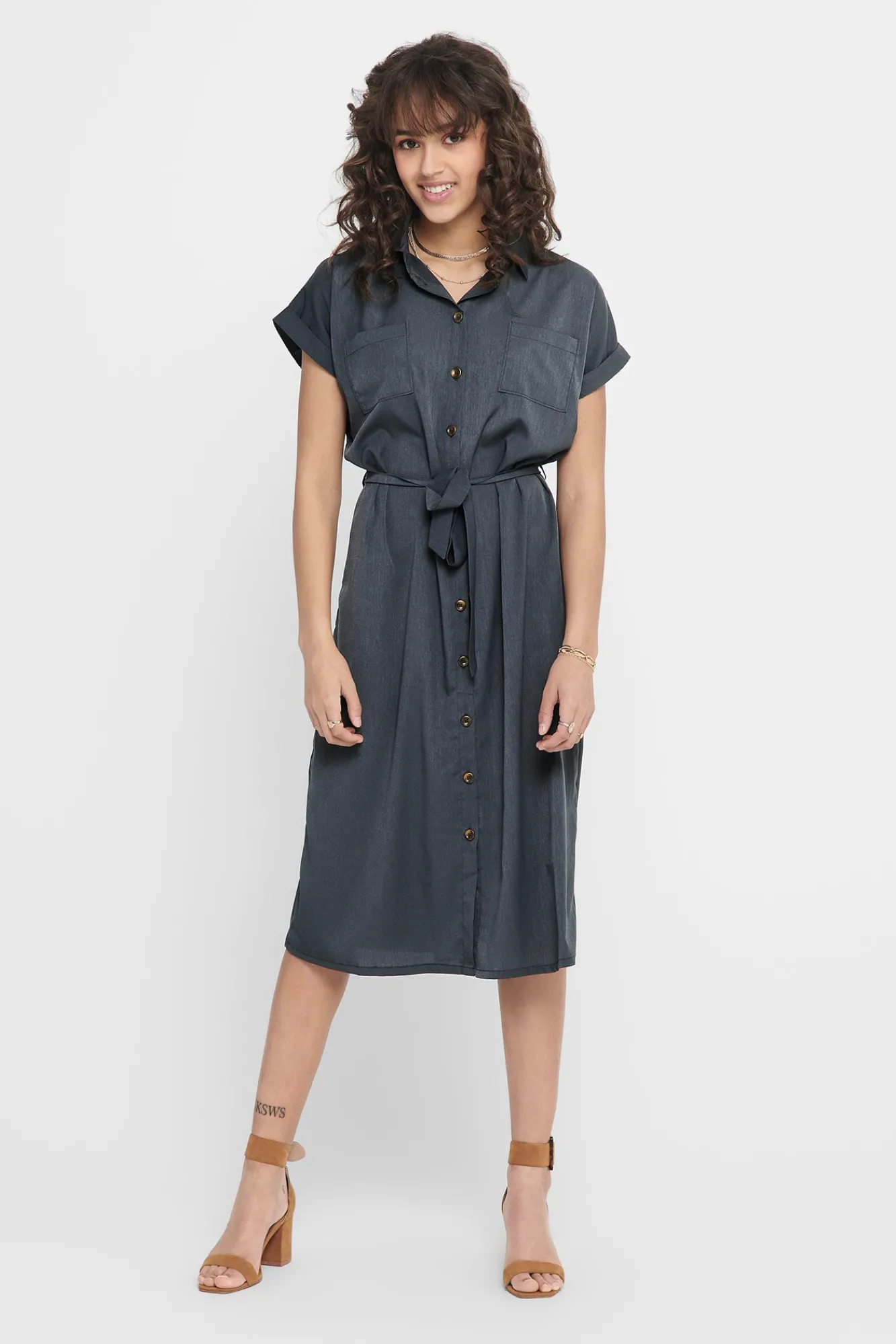 Only Vestido Midi Camisero Azul Medio Discount