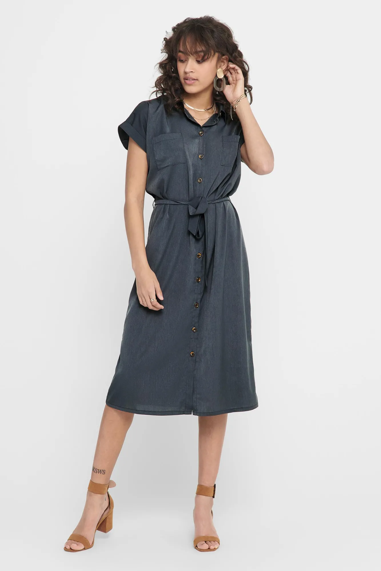 Only Vestido Midi Camisero Azul Medio Discount