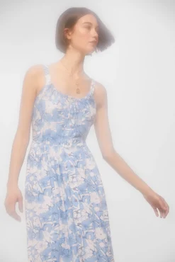 * Vestido Midi Corsetero Lino Algodon Azul Claro Outlet