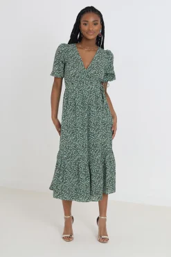 Brave Soul Vestido Midi Cruzado Y Estampado. Verde Discount