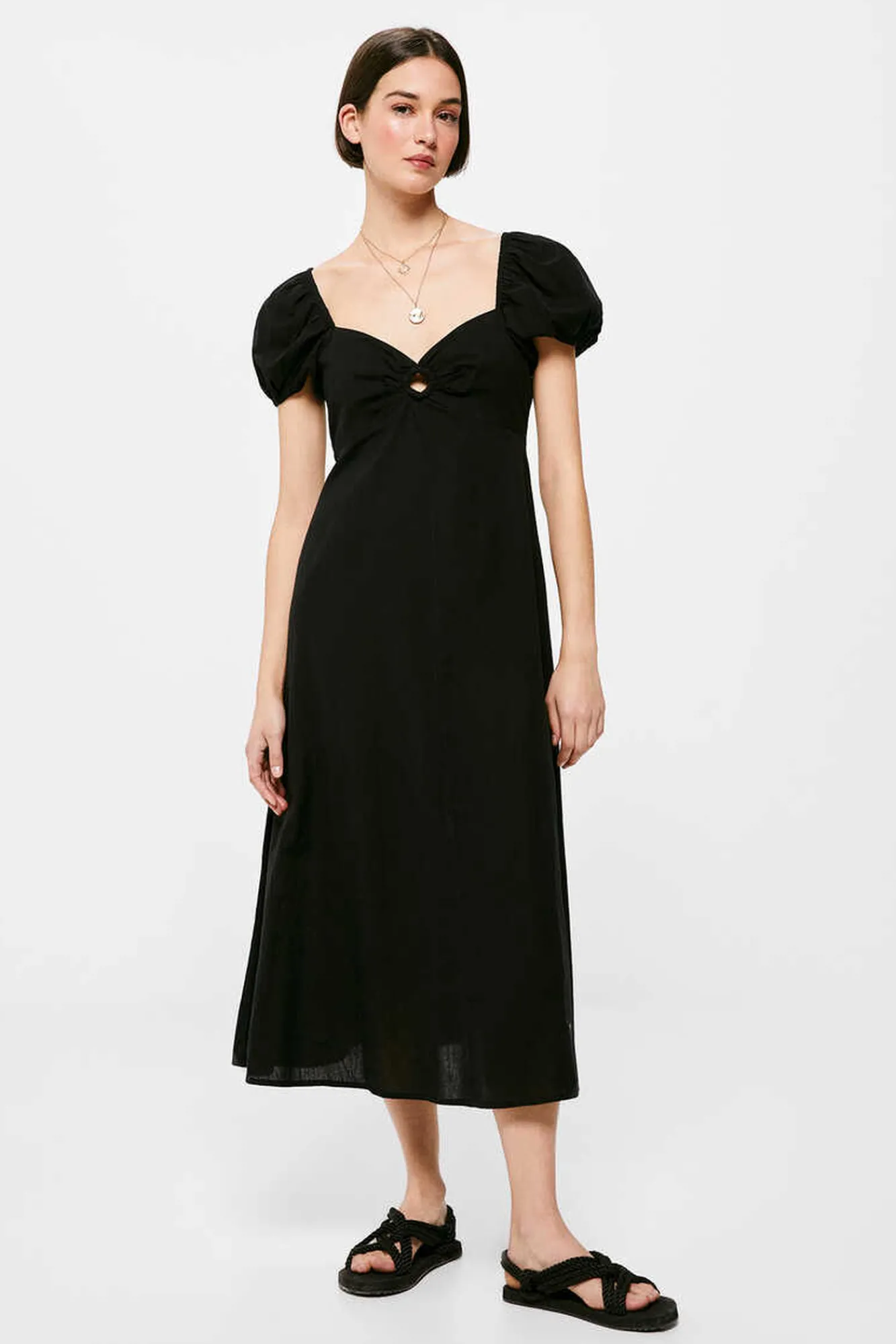* Vestido Midi Cut Out Escote Lino Algodon Negro Online
