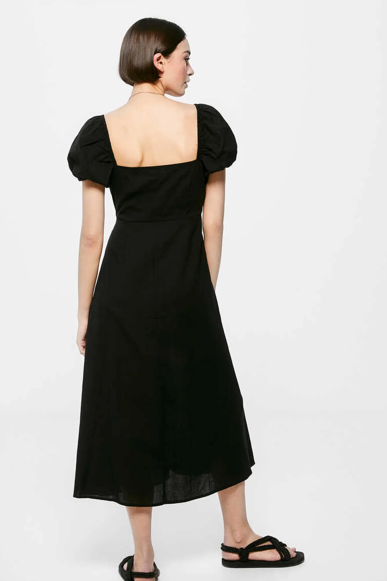 * Vestido Midi Cut Out Escote Lino Algodon Negro Online