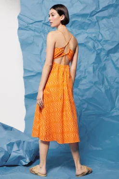 * Vestido Midi Cut Out Espalda Lino Algodon Naranja Discount