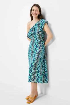 * Vestido Midi Escote Asimetrico Estampado Estampado Azul