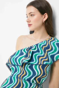 * Vestido Midi Escote Asimetrico Estampado Estampado Azul