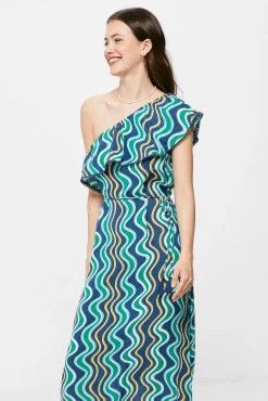 * Vestido Midi Escote Asimetrico Estampado Estampado Azul