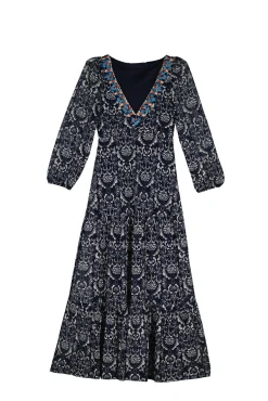 * Vestido Midi Escote Cenefa Azul Oscuro Hot