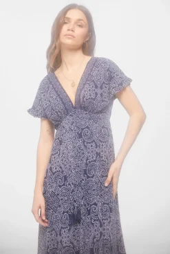 * Vestido Midi Escote Cenefa Estampado Azul Outlet
