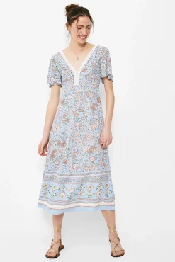 * Vestido Midi Escote Espalda Lazo Estampado Turquesa Outlet