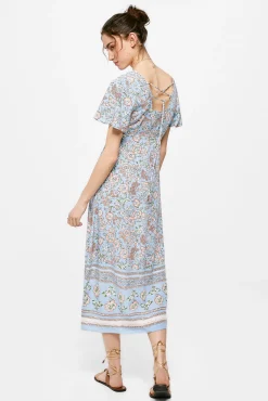 * Vestido Midi Escote Espalda Lazo Estampado Turquesa Outlet