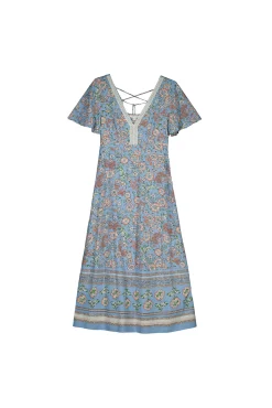 * Vestido Midi Escote Espalda Lazo Estampado Turquesa Outlet