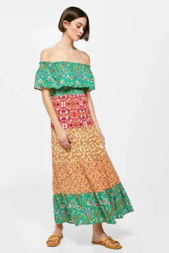 * Vestido Midi Escote Hombros Volante Verde Sale